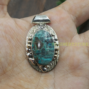 Colgante de Piedra Crisocola, Plata de Ley 925, Latón, Hecho a Mano, Ovalado, Piedra Natural, Joyería de Moda para Mujer, Estilo Boho Vintage - Product Image 4