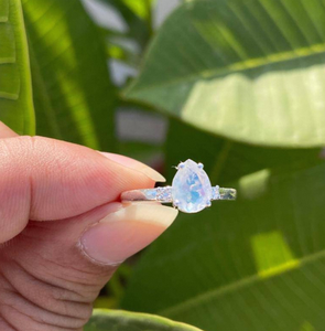 Pear Rainbow Moonstone <b>Ring</b> Sterling Silver <b>CZ</b> Accents Teardrop Gemstone Minimalist Handmade Women Jewelry - Product Image 4