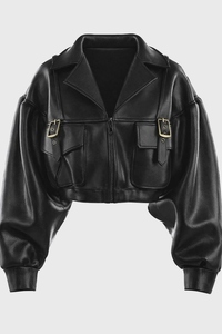 Women Crop Length Buckle Pocket Genuine <b>Sheepskin</b> Leather <b>Jacket</b> Black Color Sample & Customization Available - Product Image 3