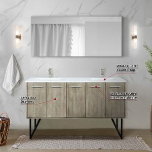 Mobile bagno doppio rustico in acacia da 60 pollici L X 20 Pollici Top in quarzo bianco D e 55 pollici. Specchio da Bagno da 60 Pollici per Mobili da Bagno - Product Image 6