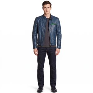 Veste en cuir bleue pour homme avec fermeture éclair sur le devant, col montant, manches longues, coupe ajustée, style décontracté pour l'hiver - Product Image 1