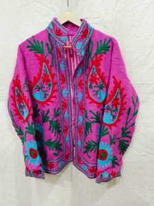 Veste à col mandarin brodée à la main de couleur violette, à manches longues, 100% coton, pour femme, respirante, toutes saisons - Product Image 1