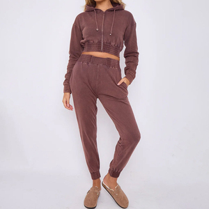 Premium Acid Wash Joggers Set for Women Custom Street Wear Patch Embroidery <b>Cropped</b> <b>Zip</b>-<b>up</b> Hoodie Tracksuits Winter Collection - Product Image 2