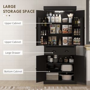Armoire de rangement autoportante de 71 pouces de hauteur pour cuisine, noire, avec éclairage LED et tiroirs réglables - Product Image 4