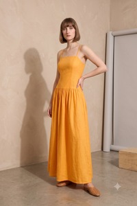 <b>Womens</b> <b>Yellow</b> Linen Maxi <b>Dress</b> Straight Neck Adjustable Spaghetti Straps Fitted Bodice Gathered Skirt Summer <b>Dress</b> - Product Image 4