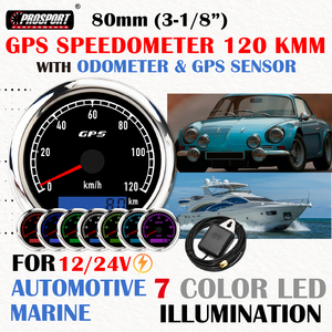 มาตรวัดความเร็ว GPS ไฟฟ้า 7 สี ขนาด 80 มม. 3-1/8 นิ้ว 120 กม./ชม. พร้อมมาตรวัดระยะทาง 12/24V หน้าปัดสีดำ ไฟ LED สีขาว IP67 สำหรับยานยนต์และเรือ - Product Image 2