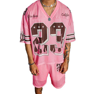 Ensemble de maillots de sport en maille rose personnalisés pour hommes, style streetwear oversize, avec impression de numéro, respirant, ensemble short et maillot, vente en gros OEM - Product Image 1