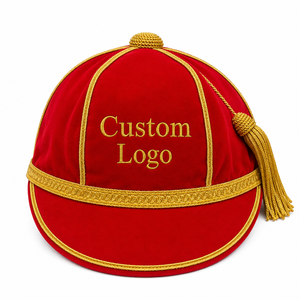 Coiffe personnalisée brodée en velours rouge avec garniture dorée et pompon, unisexe adulte, pour soirée formelle, motif 3D rayé, respirante et ajustable - Product Image 1