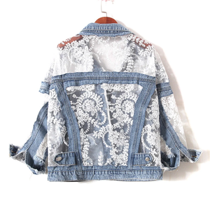 Veste en jean vintage tendance effet vieilli avec détails boutonnés, superposition en dentelle transparente, patchwork décontracté, déchirée, pour printemps et automne - Product Image 2