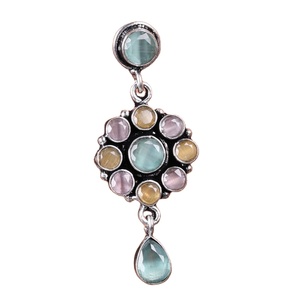 Oxidized Silver Brass Bohemia Flower Drop Earrings with Multi Stone Round Design Wholesale - Product Image 1