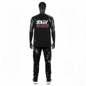 Conjunto de pantalón y camiseta sin mangas para hombre, tela de mezcla de algodón transpirable de alta calidad, negro, estampado personalizado, camiseta sin mangas y pantalón para hombre - Product Image 3