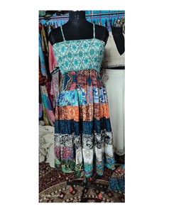 Bohemian <b>Patchwork</b> Silk Saree <b>Skirt</b> Dress for Women Breathable Ankle-Length Adjustable Strap Dress Free Size - Product Image 1