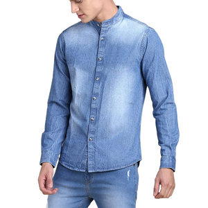 Chemise en jean pour homme, manches longues, couleur unie, col mandarin, coupe ajustée décontractée, coton délavé, respirante, toutes saisons - Product Image 4
