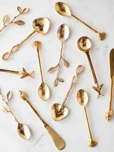 Juego de mini cucharas de latón dorado con mango de flor, libélula, estrella de mar y pájaro, cucharas para postre, café, té y bebidas, utensilios metálicos para remover. - Product Image 2