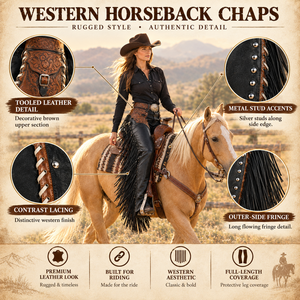 Westliche Leder-Vollchaps |   Echte Rindsleder-Reitbeinschoner mit braunem, geprägtem Obermaterial, Fransen-Akzenten und Schnallenverschluss - Product Image 5