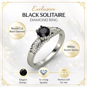 Bague solitaire exclusive en diamant noir |   Diamant noir taille ronde avec pierres d'accentuation blanches |   Cadeau de bijoux élégants et raffinés pour femmes - Product Image 6