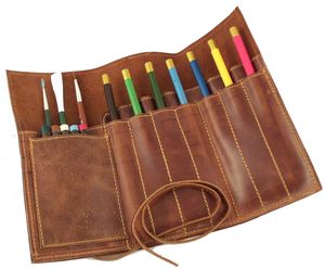 New Era Rustic Genuine Leather Pencil Case <b>Drawstring</b> Closure-Custom Leather <b>Pouches</b> Travel Kit for Schools Offices 10x7 Size - Product Image 1