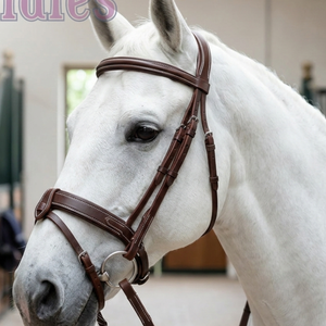Brida de cuero marrón premium para caballo con costuras blancas elegantes y ceñuela de puño - Acolchada, anatómica, para equitación de caza y salto - Product Image 2