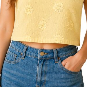 Top Corto con Bordado Floral en Amarillo Claro para Mujer, Chaleco de Verano sin Mangas de Algodón, Logotipo Personalizado, Ropa Casual de Moda Urbana - Product Image 6