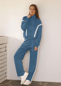 Blue White Women's for 2 Piece Sweat Suit Set Short <b>Tops</b> Wide Leg Sweatpants 100% Cotton Fleece Tracksuit Matching Outfit - Product Image 3