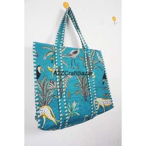 Bolsa de Mano Grande, 100% Algodón Puro, Acolchada, Estampada a Mano, con Rayas Multicolores, Asa Larga, Ecológica, Sostenible, para Estudio, Compras y Fiestas - Product Image 4