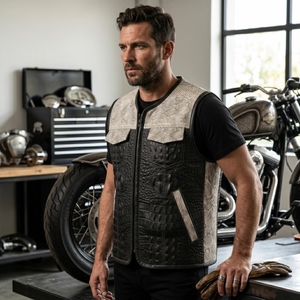 Gilet de motard en cuir véritable pour homme, effet crocodile, noir, avec poches utilitaires, design OEM personnalisé - Product Image 4
