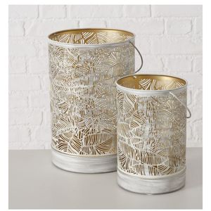 Ensemble de lanternes décoratives en métal à motif de feuilles, doré et blanc, porte-bougie ajouré pour décoration intérieure, centre de table rustique pour mariage - Product Image 1