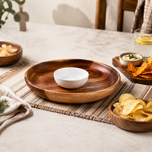 Juego de Cuencos para Servir Aperitivos de Madera de Acacia Premium con Cuenco de Cerámica para Salsas |   Bandeja de Servicio para Fiestas, Hecha a Mano, Apta para Alimentos - Product Image 3