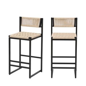 Style B Noir et Blanc Crème – Lot de 2 Tabourets de Bar Tressés avec Dossier, Chaises de Salle à Manger en Corde de Papier pour Îlot de Cuisine - Product Image 3