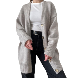 Cardigan long en tricot pour femme de haute qualité, couleur unie, boutons sur le devant, style décontracté, vêtement d'automne, col rond, manches longues, épais et chaud - Product Image 1