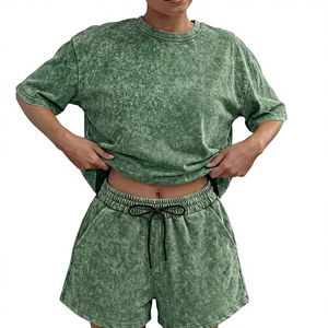 Washed 2pcs Set Women's Regular Short-Sleeve Top Elastic Waist Drawstring Shorts Vintage Street Style Casual Loungewear Summer - Product Image 1