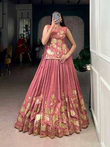 Green Floral Embroidered <b>Lehenga</b> Choli Satin Traditional Indian Outfit Foil Print Wedding Party <b>Women</b> - Product Image 6