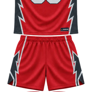 Ensemble d'uniformes de basketball personnalisés pour hommes, rouge et noir, maillot sans manches à col en V et short, avec nom et numéros d'équipe, imprimé éclair, kits en gros - Product Image 6