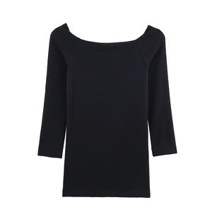 T-shirt décontracté pour femme, col rond, couleur unie, tricoté, design basique, 3 coloris - Product Image 3