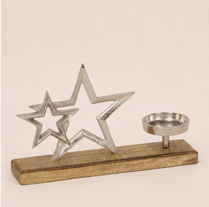 Handcrafted Silver Metal Double Star Candle Holder on Natural Mango Wood Base Modern Aluminium Celestial Tealight <b>Stand</b> On Sale - Product Image 1