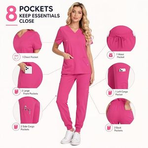Conjunto de Uniforme Médico para Mujer, Color Rosa, Cuello en V, Manga Corta, Pantalones Jogger, Algodón y Poliéster, Tejido de Punto - Product Image 4