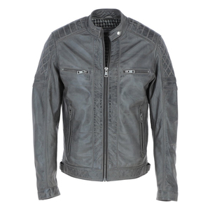 <b>Men's</b> Genuine Grey <b>Leather</b> Motorcycle <b>Jacket</b> Stand Collar Zipper Closure Washed Finish Solid Color Regular Fit Style - Product Image 1