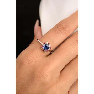 14K White Gold Ruby Blue Sapphire & Diamond Flower Ring-Resizable Wedding Band - Product Image 4