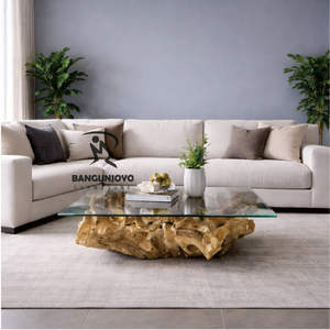 Table basse rustique multifonction en bois massif de racine de teck avec plateau en verre - Product Image 1