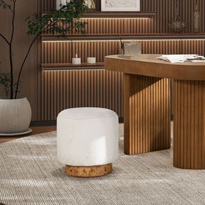 Tilly 16,5 \ "Cottontail White Faux Fur Puf redondo Piel otomana tapizada con detalle de Burl Taburete elegante y otomana - Product Image 2