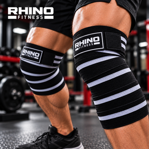 RHINO FITNESS Nylon Knee <b>Wraps</b> Stabilizer Breathable Hook Loop Strap Leg Support Swelling Unisex Black <b>White</b> - Product Image 4