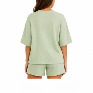Women’s Ribbed Knit <b>Short</b> Sleeve Loose Fit Top and Above Knee <b>Shorts</b> Two Piece Set Casual Summer <b>Lounge</b> Wear - Product Image 5