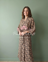 Robe Kimono en Coton Respirant Écologique Imprimée à la Main, Col en V, Fermeture à Cordon, Motif Floral, Manches Longues, Longueur Intégrale, Idéale pour l'Été