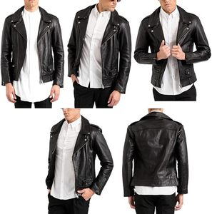 Veste moto en cuir véritable noir pour homme, coupe ajustée, fermeture éclair, col rabattu, manches classiques, couleur unie, style automne - Product Image 2