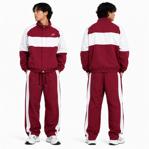 Ensemble de survêtement rétro OEM personnalisé avec blocs de couleur pour homme – Veste coupe-vent à boutons-pression et pantalon de jogging à jambe droite – Sweats à capuche pour homme - Product Image 1