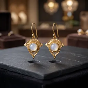 Natural Moonstone Brass Earrings | Handmade Gemstone Dangle Earrings - Product Image 2