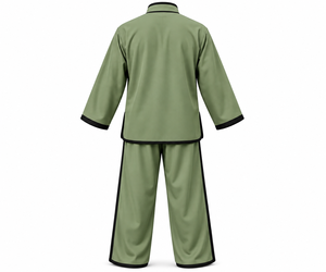 Uniforme de Kung Fu vert sauge traditionnel OEM, logo personnalisé, boutons à nœud grenouille, passepoil contrastant, fabrication sur mesure, fabricant en gros - Product Image 2