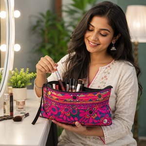 Boho Vintage Embroidered Travel Makeup Bag Cosmetic Cotton Toiletry Organizer for Women Makeup Organizer Travel Wash Pouch - Product Image 1
