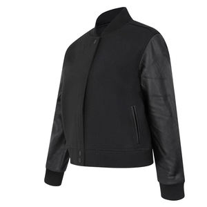 Men's Black Bomber <b>Jacket</b> With PU Leather Sleeves Stand Collar Casual Style Autumn Wear - Product Image 3