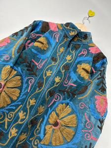 Vintage Sky Blue <b>Velvet</b> Suzani Embroidered <b>Jacket</b> with Floral Pattern Full Sleeve Stand Collar Bohemian <b>Women's</b> Winter <b>Jacket</b> - Product Image 6